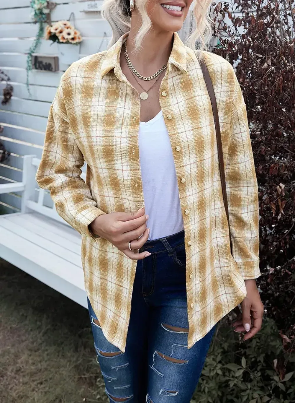 Women's 2023 Fall Clothes Plaid Shacket Jacket Long Sleeve Button Down Flannel Shirts Fashion Blouse