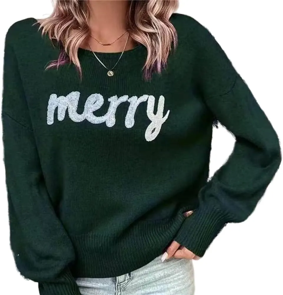 Merry Christmas Sweater for Women, Furry Pattern Xmas Sweatshirt Loose Pullover Tops Knit O Neck Long Sleeves