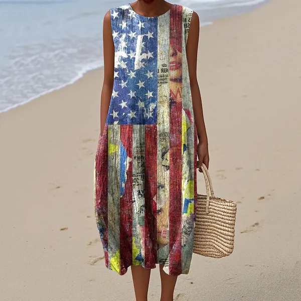 Vintage Independence Day American Flag Patch 4th Of July Peaceinwar Art Linen Tank Dress