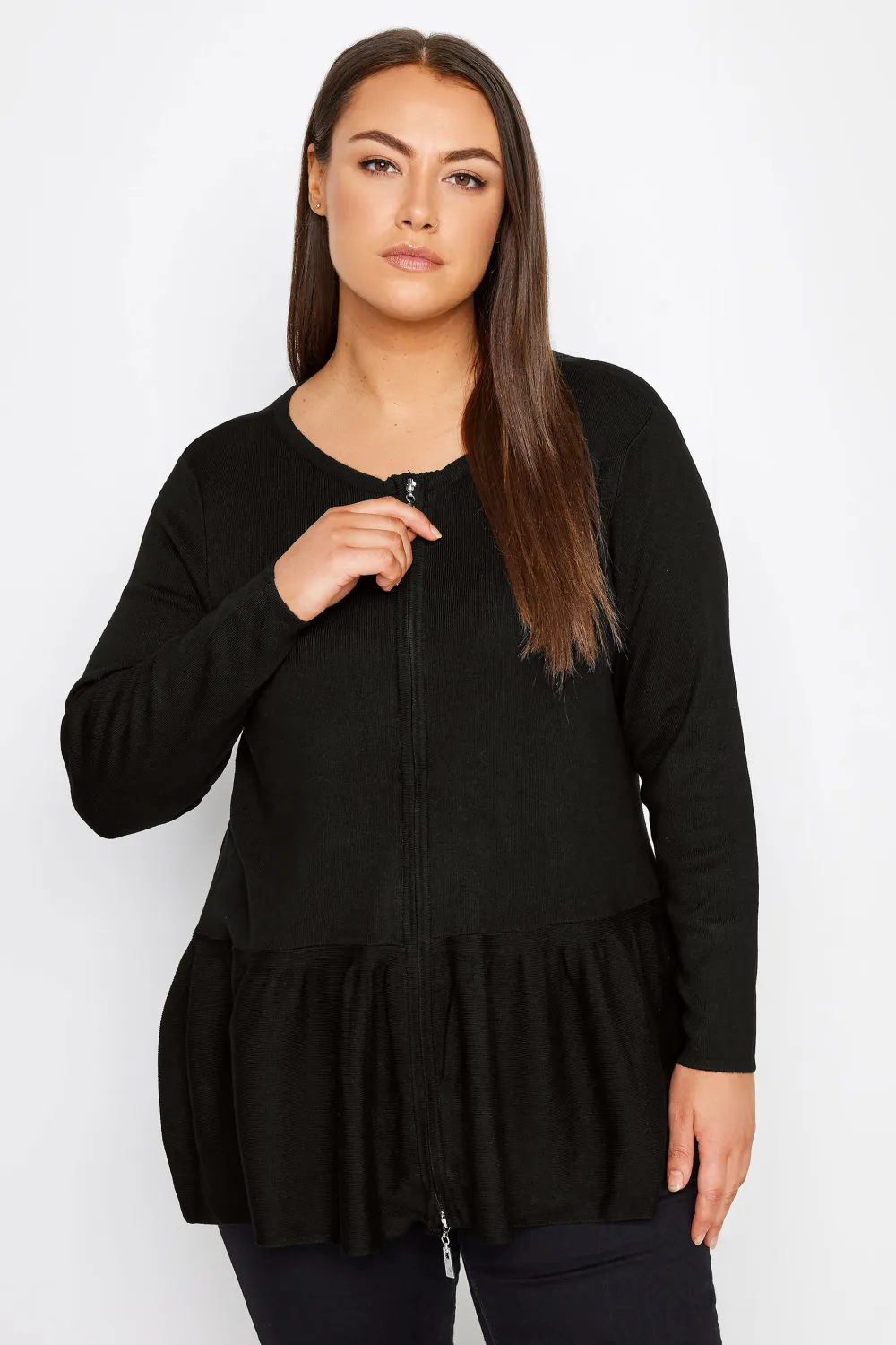 Evans Black Zip Front Frill Cardigan