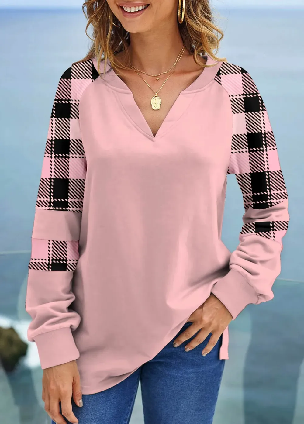 Long Sleeve Split Neck Contrast Sweatshirt