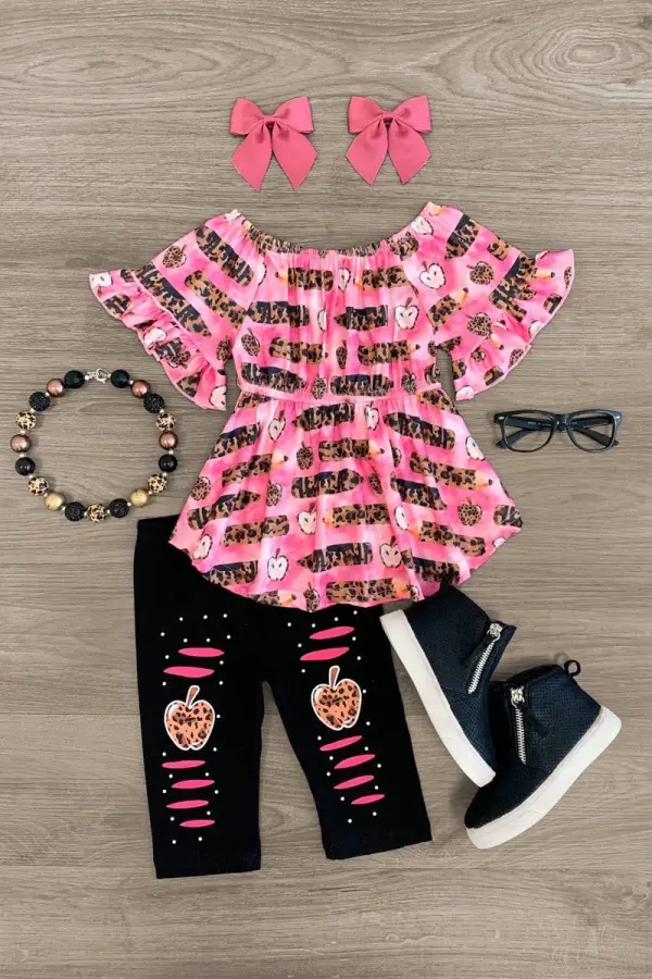 Pink Leopard Pencil Apple Legging Set