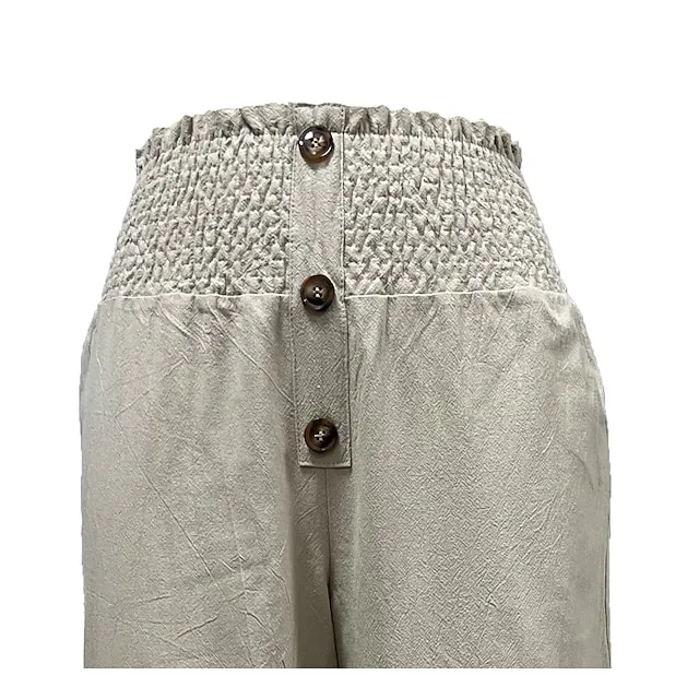 Women's Culottes Wide Leg Linen Pants Chinos Faux Linen Solid Color Baggy Full Length Micro-elastic Mid Waist Fashion Casual Weekend Black White S M Summer