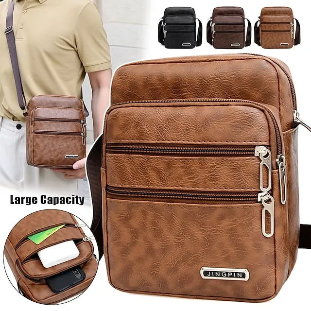 Men's Crossbody Bag Shoulder Bag Messenger Bag PU Leather Outdoor Daily Zipper Large Capacity Waterproof Lightweight Solid Color Black Brown Coffee