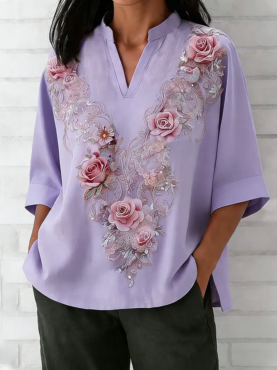Women's Retro Heavy Industry Embroidered Flower Pattern V-Neck Top