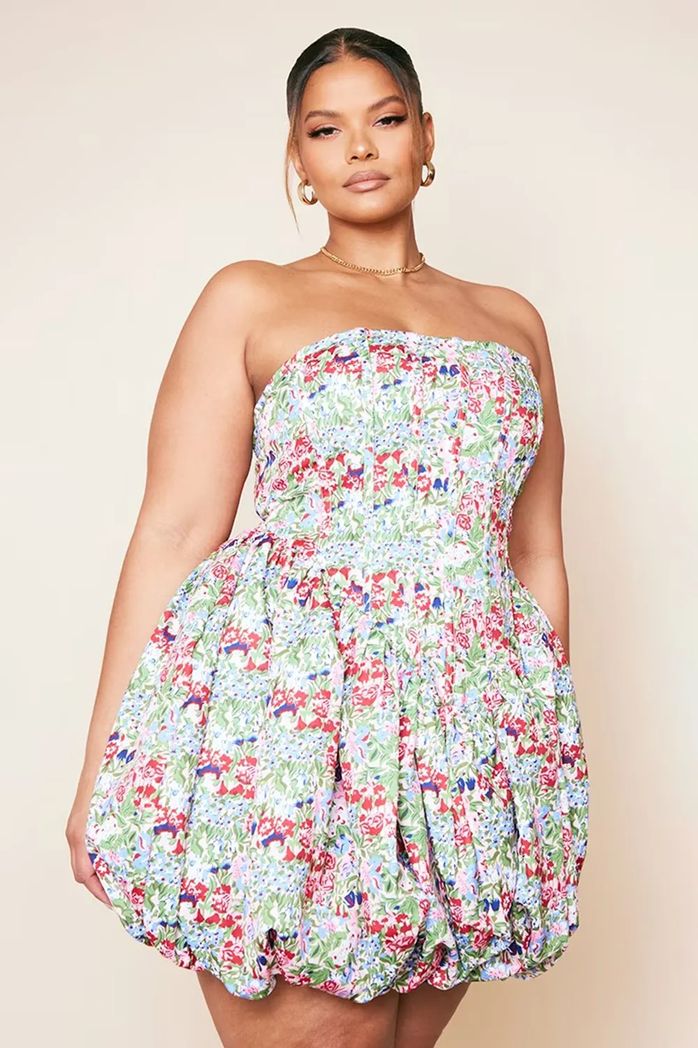 Plus Multi Floral Bandeau Puffball Dress