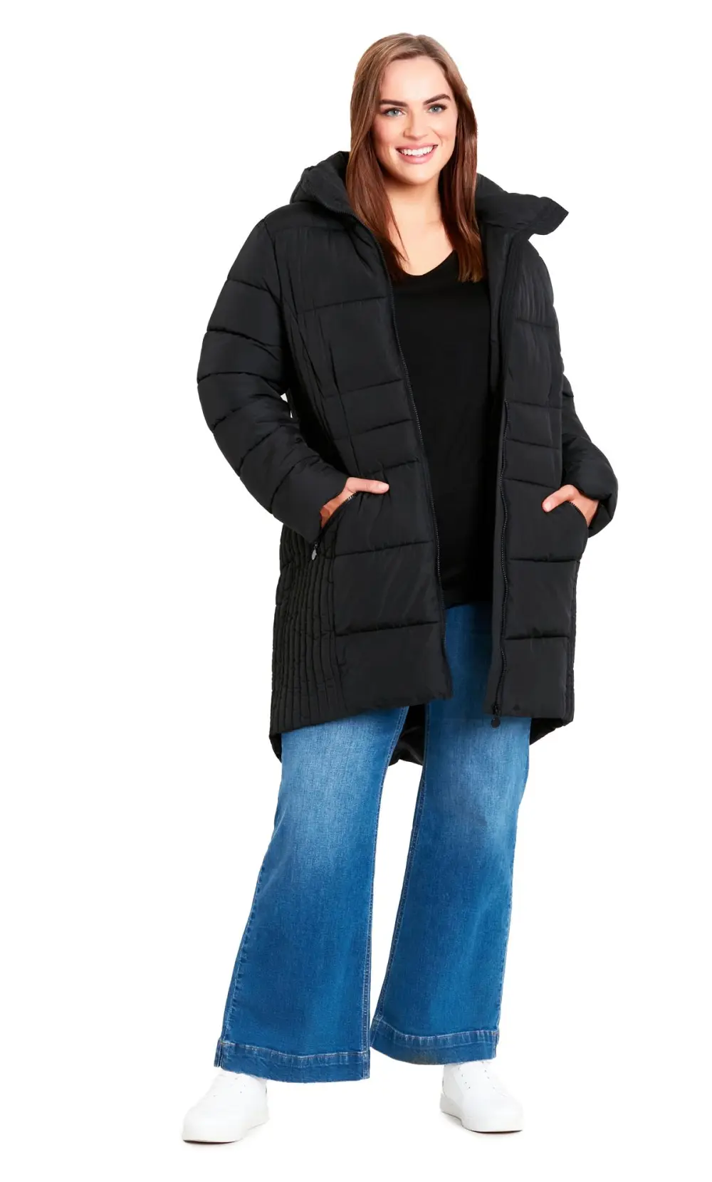 Evans Black Panelled Puffer Midi Coat