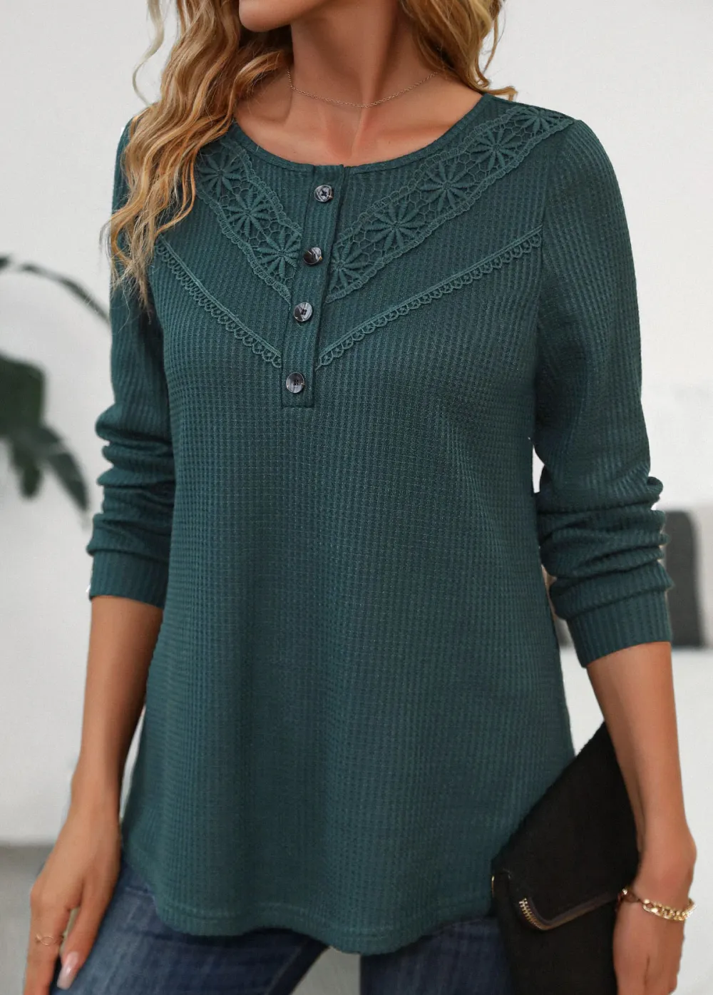 Blackish Green Patchwork Long Sleeve Scoop Neck T Shirt