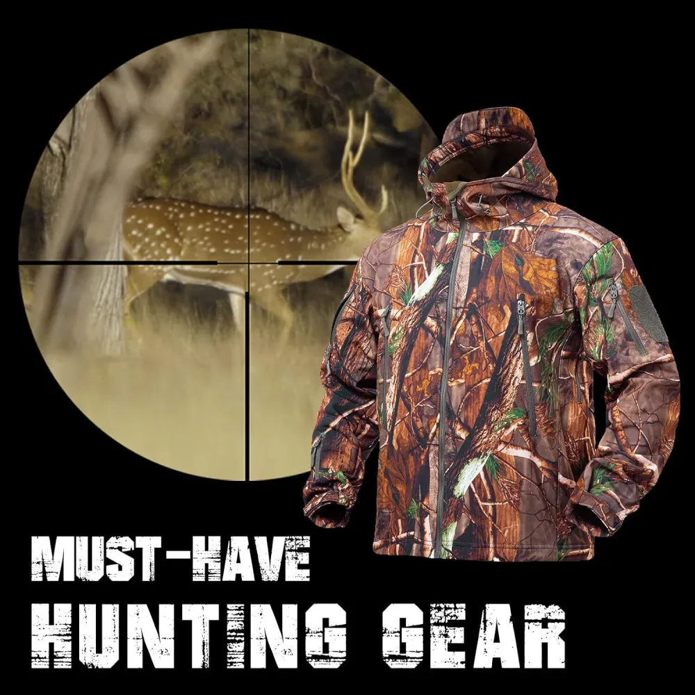 Hunting Jacket for Men Quiet Hunting Camouflage Clothing Hoodie Camo Coat Water-Repellent Windproof