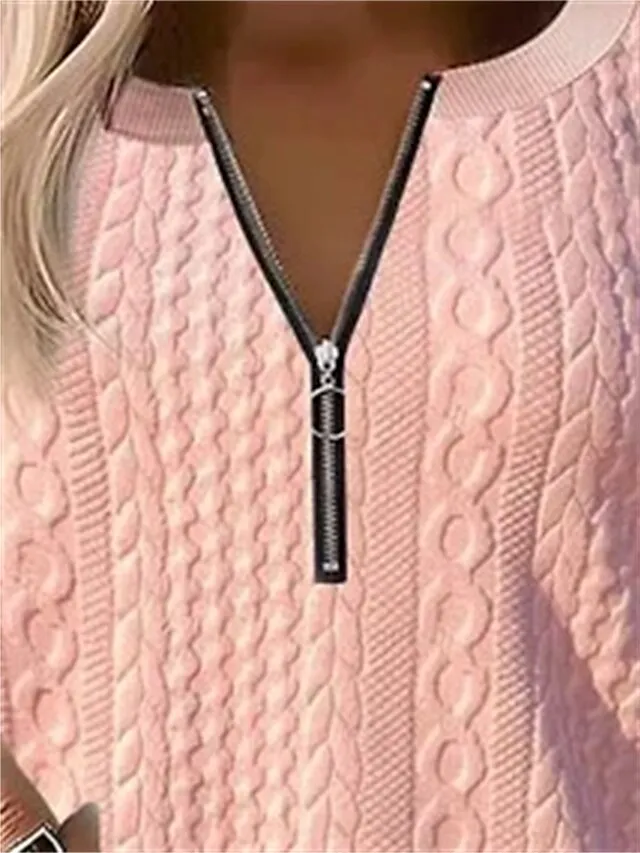 Women's Sweatshirt Pullover Textured Basic Quarter Zip White Pink Green Solid Color Street Casual Round Neck Long Sleeve Top Micro-elastic Fall & Winter