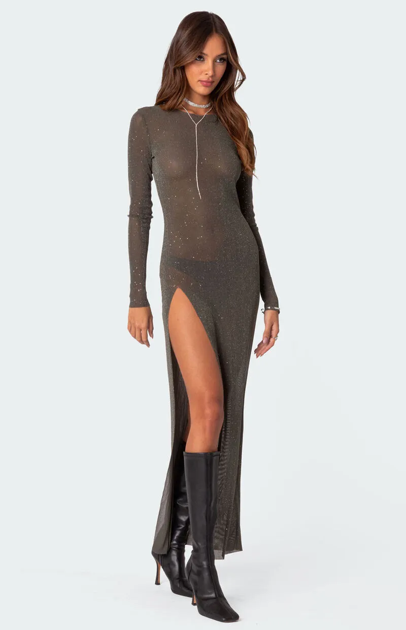 Edikted Glitter Mesh Slitted Maxi Dress
