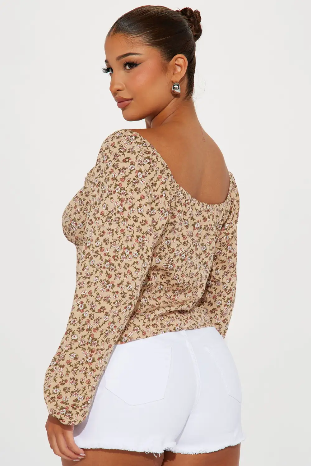 Sheba Floral Blouse Top - Taupe/combo