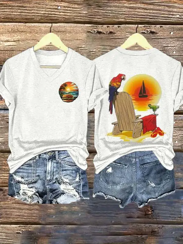 V Neck Retro Vacation Cheeseburger Paradise Parrot Margarita Print T-Shirt