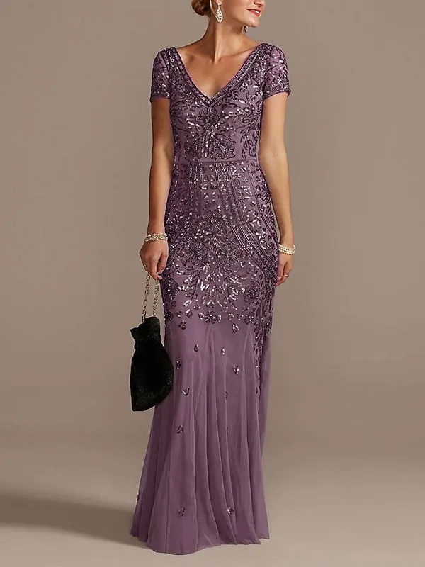 V-neck Beaded Short Sleeve Dress with Godets Mother of the Bride Dress