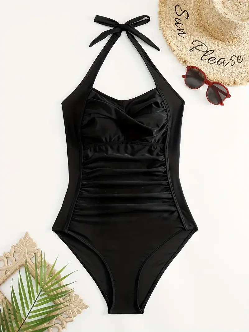 Ruched Halter Backless One Piece Swimsuit, Black Tie Neck Stretchy Solid Color Bathing Suit, Women's Swimwear & Clothing