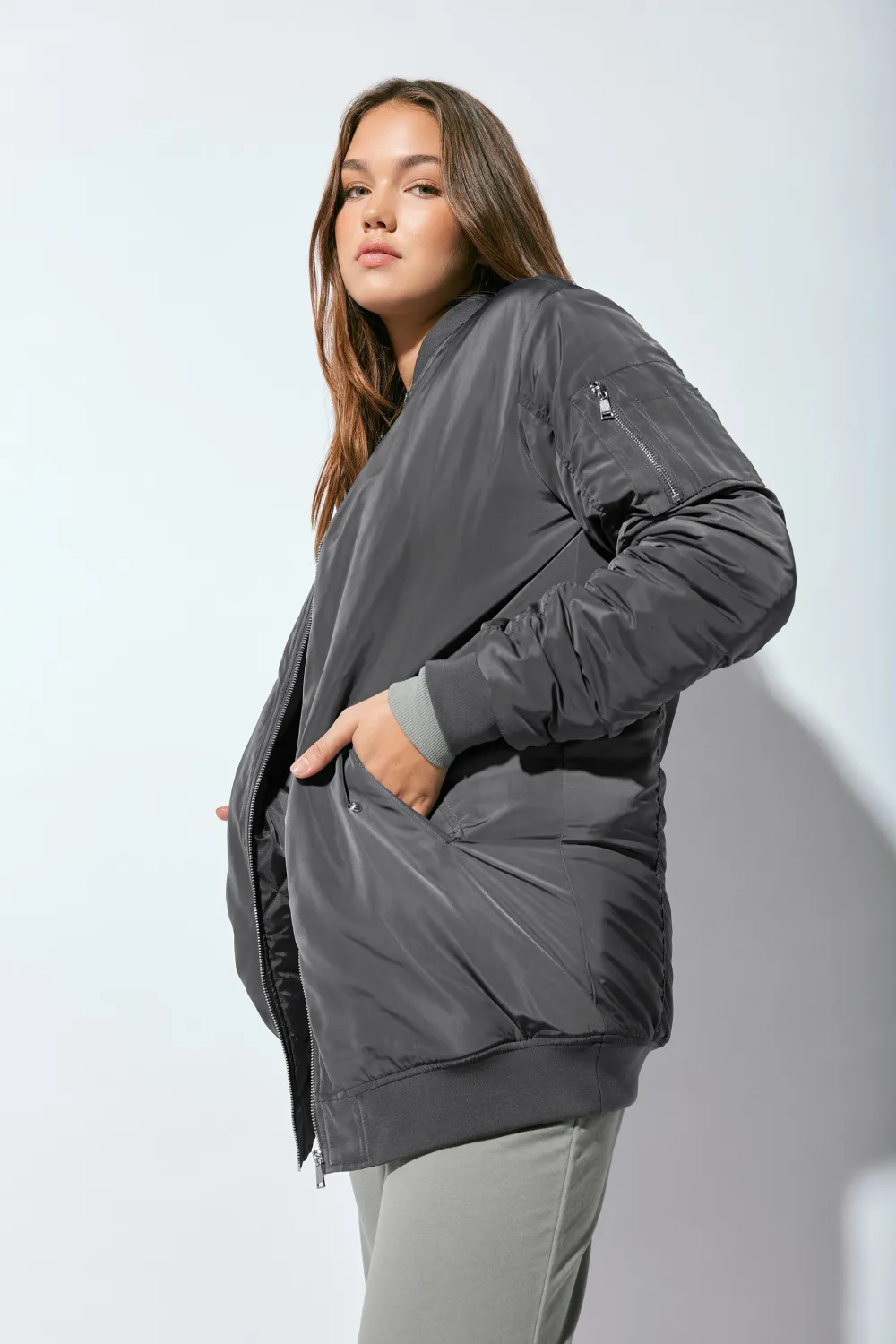 LTS Tall Grey Padded Longline Bomber Jacket