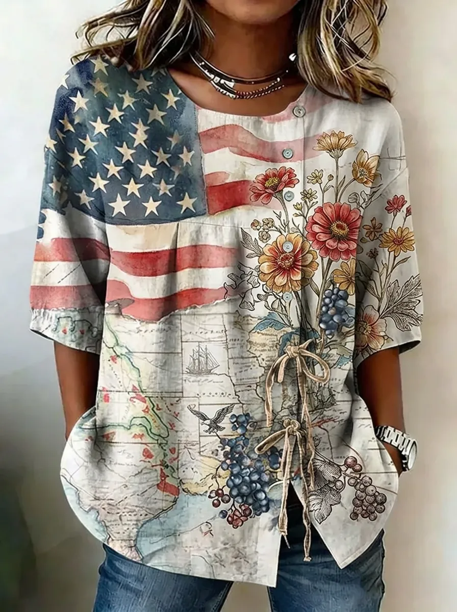Women's Nashville USA Flag Floral Map Printed Button Top