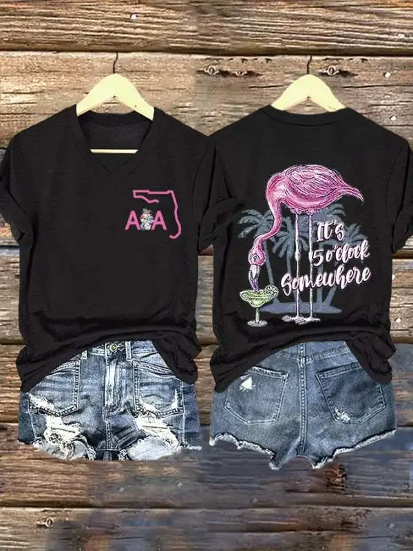 V Neck Retro Florida Road Flamingo Beach Go All The Way Wrinkles Only Go Where Smiles Have Been Print T-Shirt