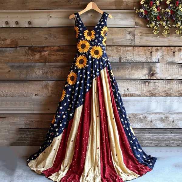 Women's Vintage Independence Day Sunflower Art Linen Midi Dress