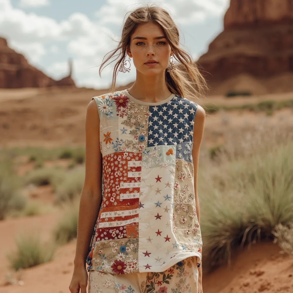 Women's Vintage Independence Day Flag And Floral Print Casual Tank Top