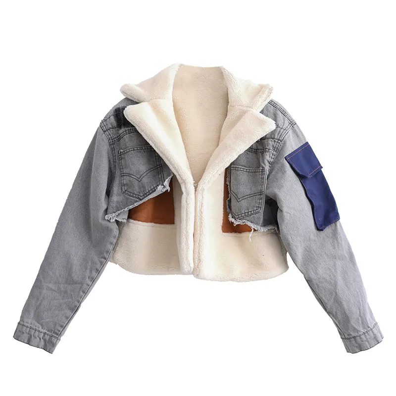 Fashion Plush Denim Stitching Lamb Wool Liner Thickened Short Jacket