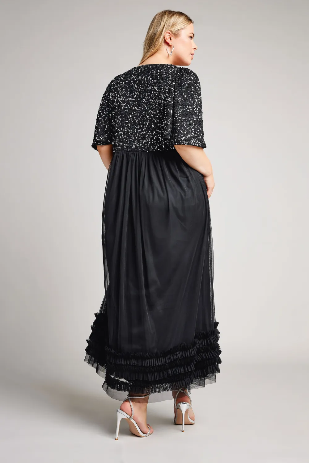 LUXE Curve Black Sequin Sweetheart Ruffle Maxi Dress
