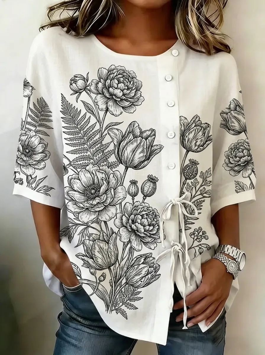 Women's Nashville Floral Botanical Sketch Printed Button-up Top