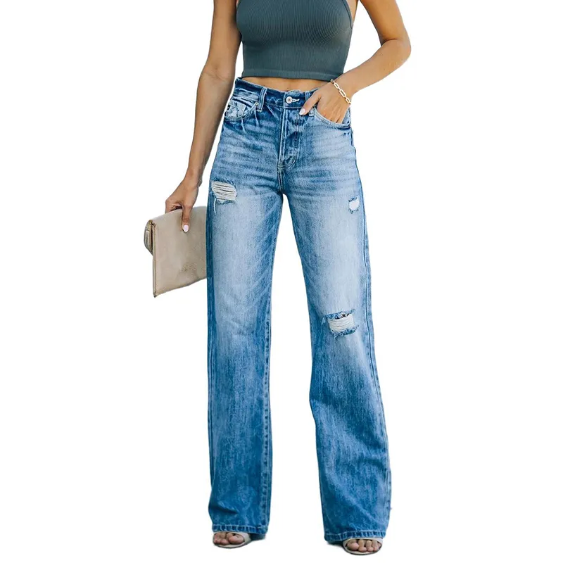 2021 Autumn Casual Wide-leg Pants Mid-waist Women's Wash Water Ripped Denim Trousers