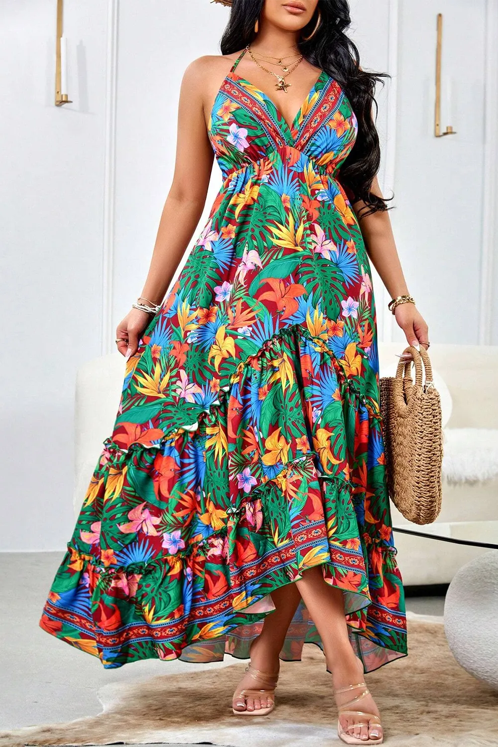 Print Tie Backless Halter Dresses