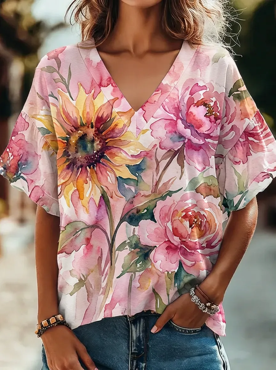 Women's Nashville Sunflower Peony Watercolor Printed V-neck Top