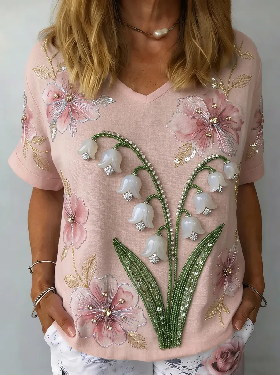 Women's Nashville Floral Lily of the Valley Beaded Printed T-shirt