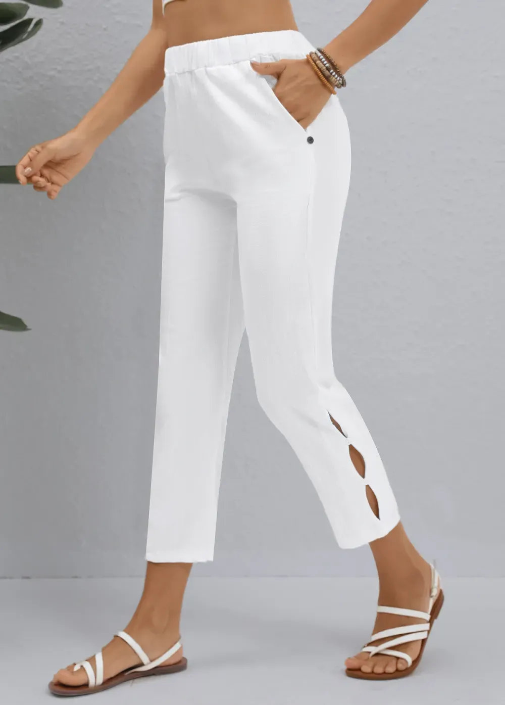 White Button Elastic Waist High Waisted Pants