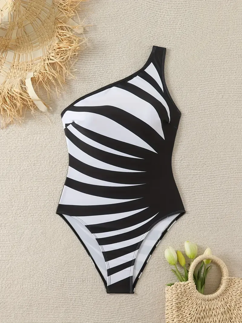 Elegant One-Shoulder Striped Polyester Bodysuit Swimsuit, High Stretch Knit Fabric, with Removable Padding, Asymmetrical Design, Elastane Lined