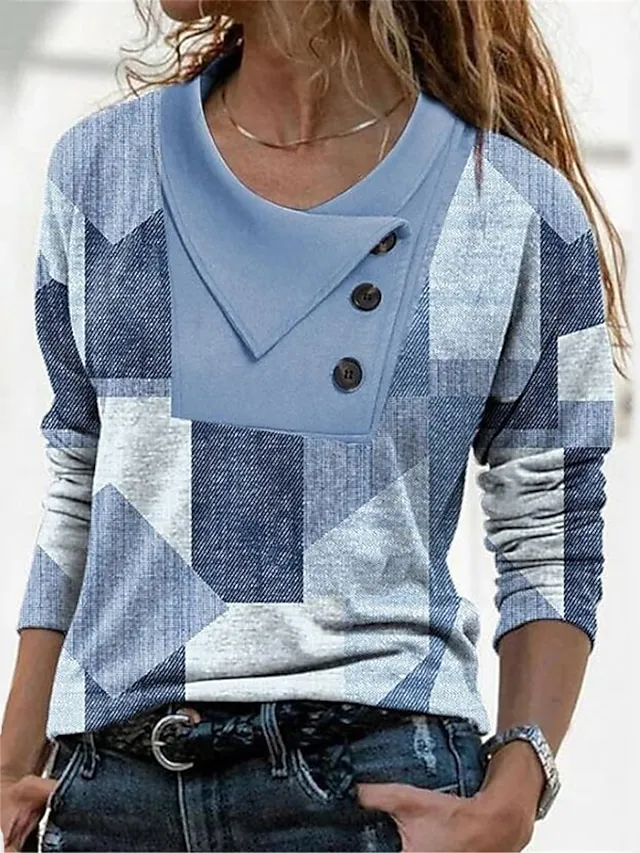 Women's T shirt Tee Red Navy Blue Blue Geometric Abstract Button Print Long Sleeve Casual Weekend Daily Basic Pile Neck V Neck Regular Fit Geometric Painting Fall & Winter