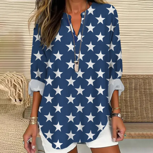 Independence Day Star Print V-Neck Casual Blouse