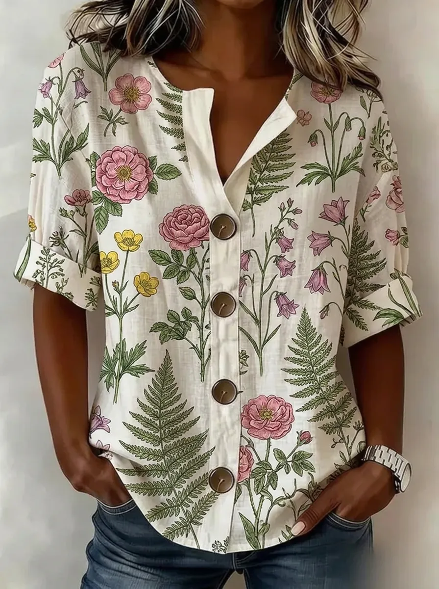 Women's Nashville Botanical Floral Fern Printed Button-up Shirt
