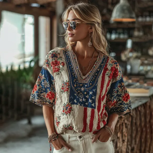 Women's Independence Day Flag Flower Embroidered Short Sleeve Linen Blend T-shirt