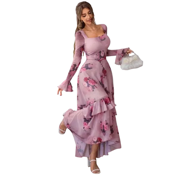 Women's Elegant Fashion Casual Square Neck Long Sleeve Dress