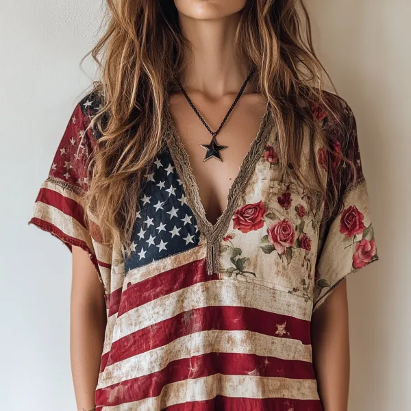 Women's Independence Day Floral Print T-shirt