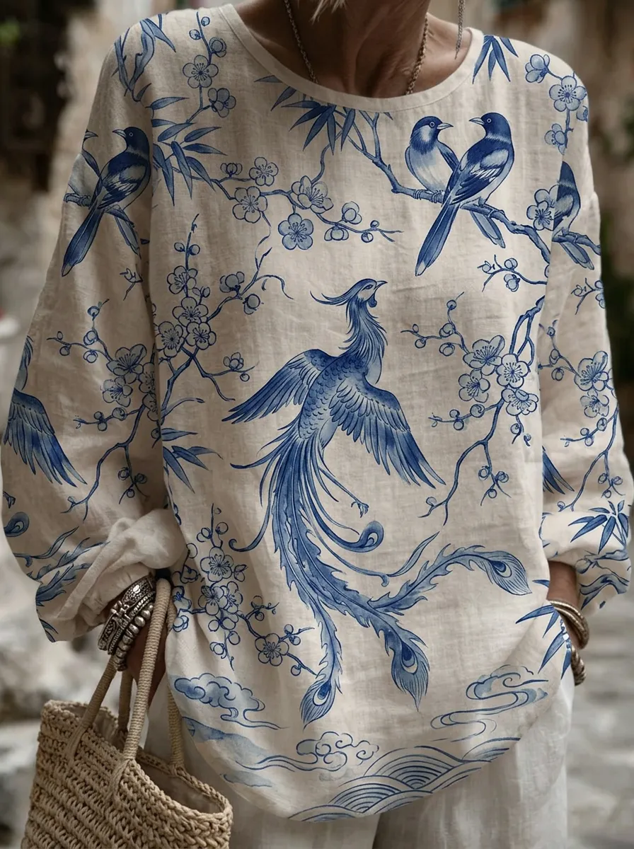 Women's Nashville Phoenix Bird Floral Printed Long Sleeve Top