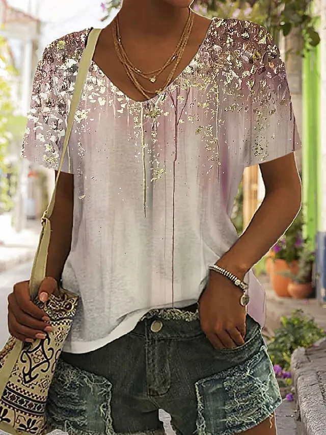 Women's T shirt Tee Pink Red Blue Graphic Asymmetrical Print Short Sleeve Daily Weekend Basic V Neck Regular Fit Abstract Painting