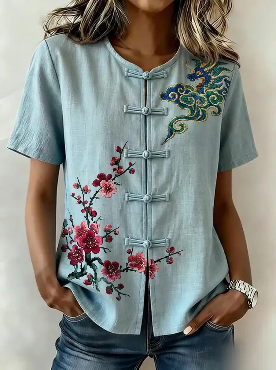 Women's Chinese Style Dragon Plum Blossom Embroidered Linen Top