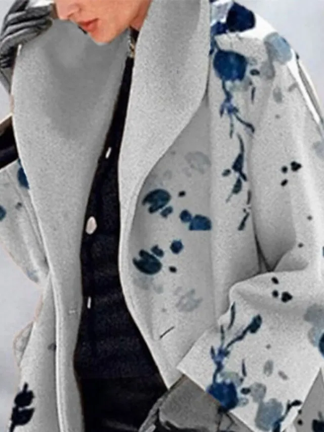Women's Winter Coat Long Overcoat Floral Print Pea Coat Fall Mid Length Trench Coat Windproof Warm Single Breasted Lapel Wool Blend Jacket