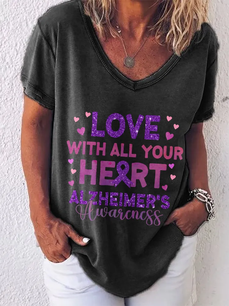 Women'S V-Neck Short-Sleeved T-Shirt Love With All Your Heart Alzheimer'S Awareness Prints