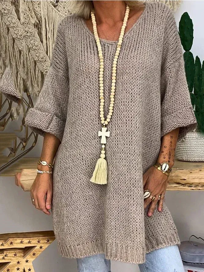 Women 3/4 Sleeves V-Neck Solid Knitted Sweaters