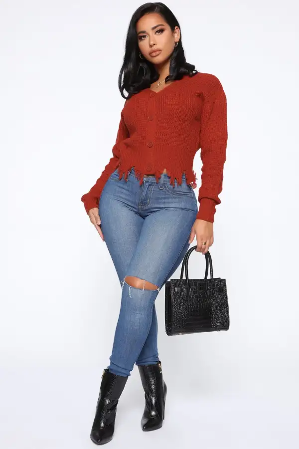 Distressed With You Cardigan - Rust