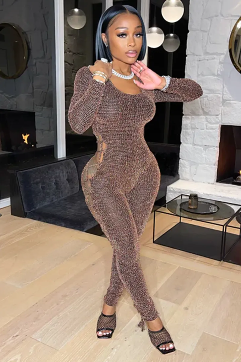 Asymmetric Lace Up See Through Bronzing Cocktail Party Bodycon Jumpsuit-Gray
