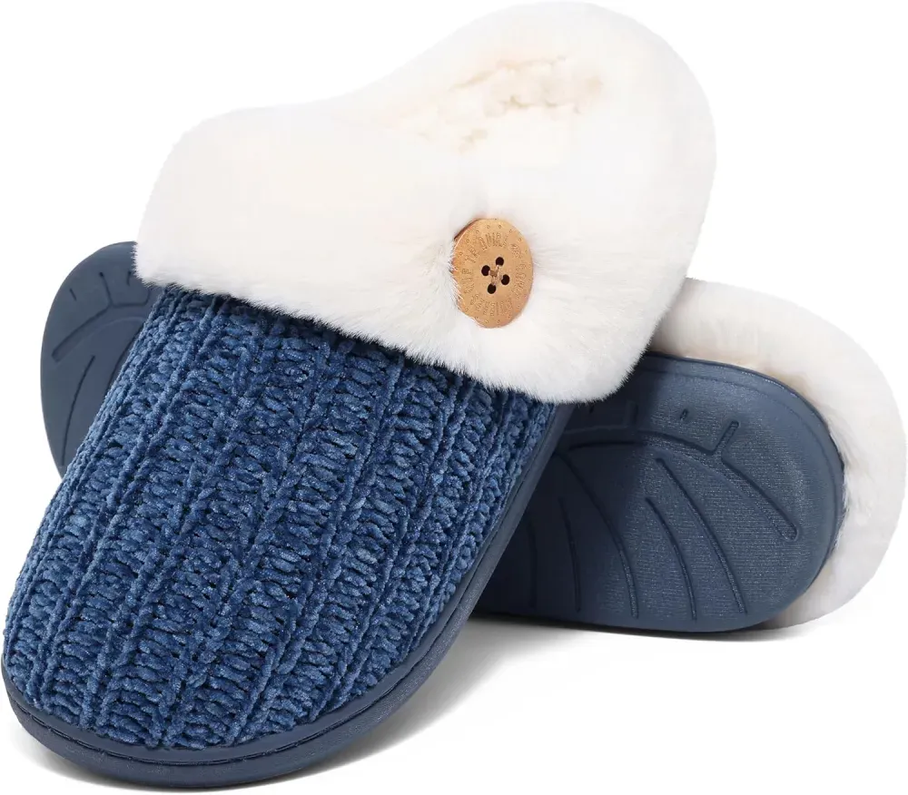Warm Knit House Slippers for Women Comfy Wool-Like Lined Chenille Slippers with Memory Foam and Indoor Outdoor Soles