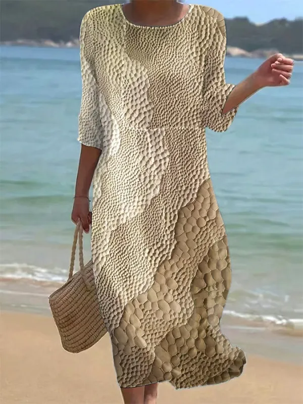 Women's Casual Round Neck Mid Sleeve Print Cotton and Linen Dress