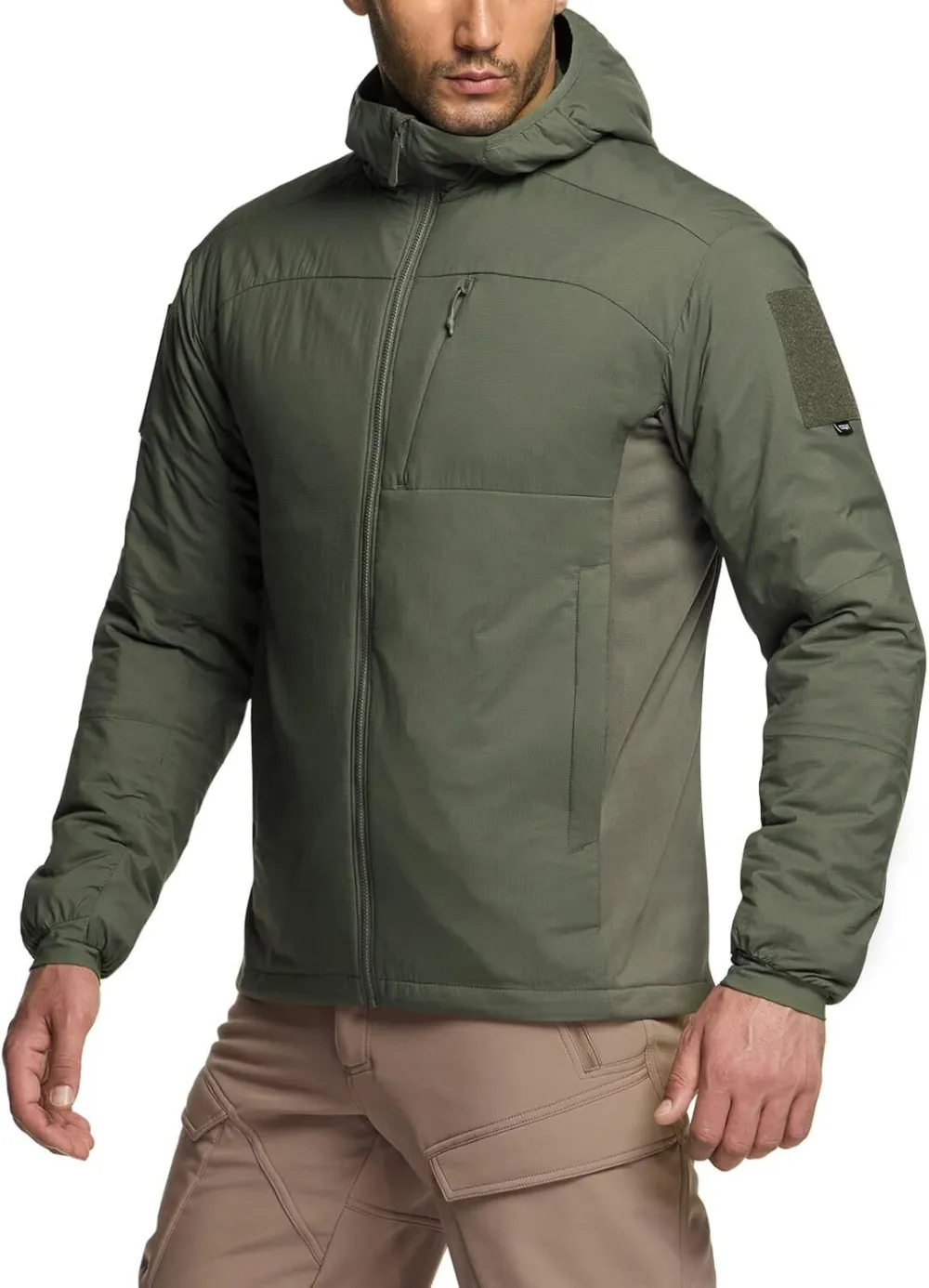 Men's Insulated Hooded Tactical Jacket, Lightweight Mid-Layer Warm Hoodie, Water Resistant Full Zip Hiking Work Coat